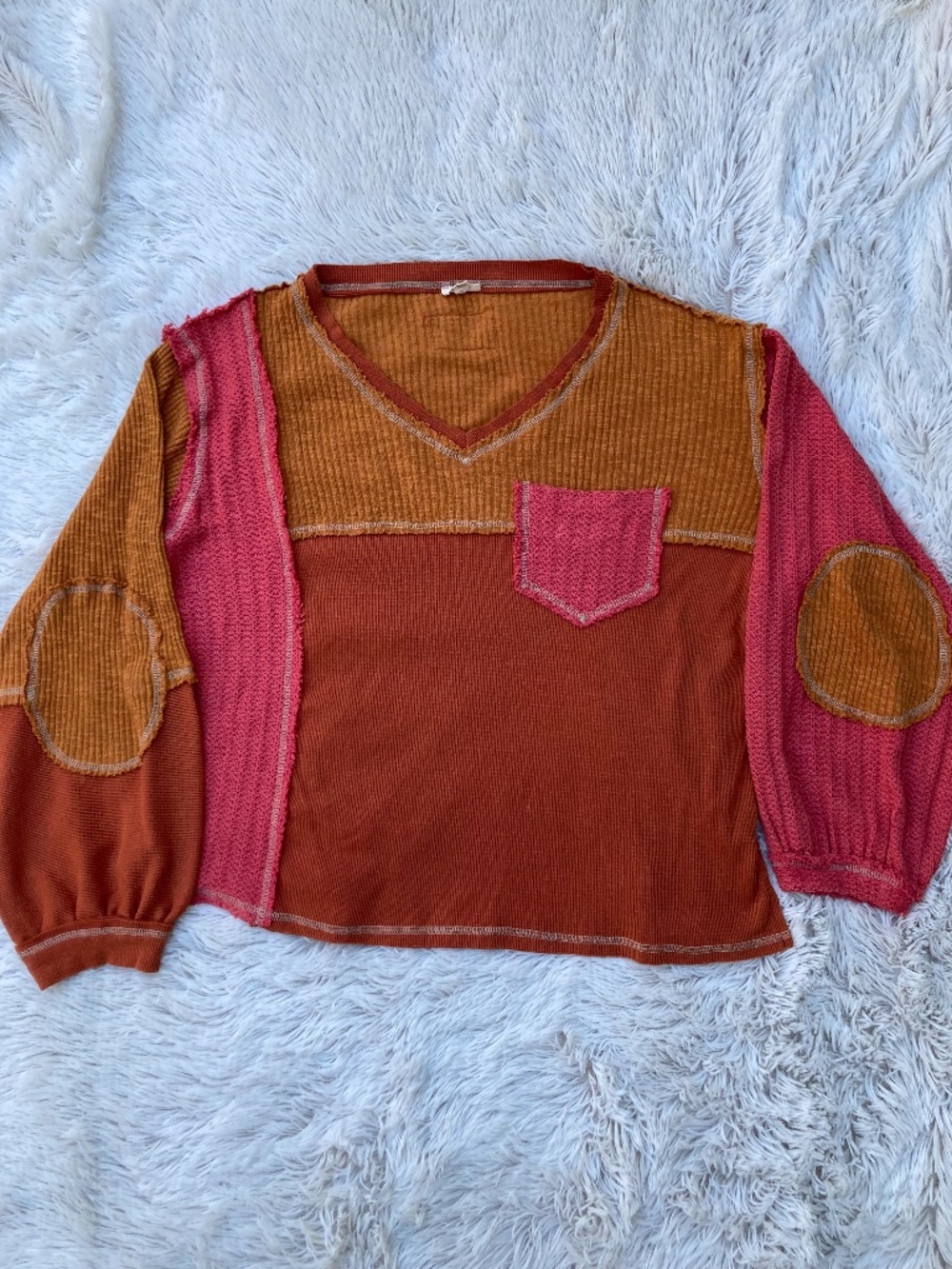 POL V Neck Knit Panel Exposed Seam Top Womens Size Medium
